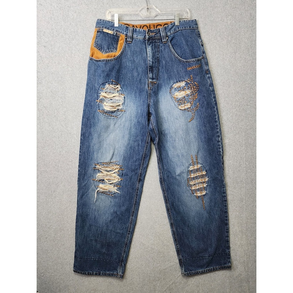 VTG DAVOUCCI Jeans Mens 36x33 Denim Patchwork Baggy Y2k Streetwear Wide Leg
